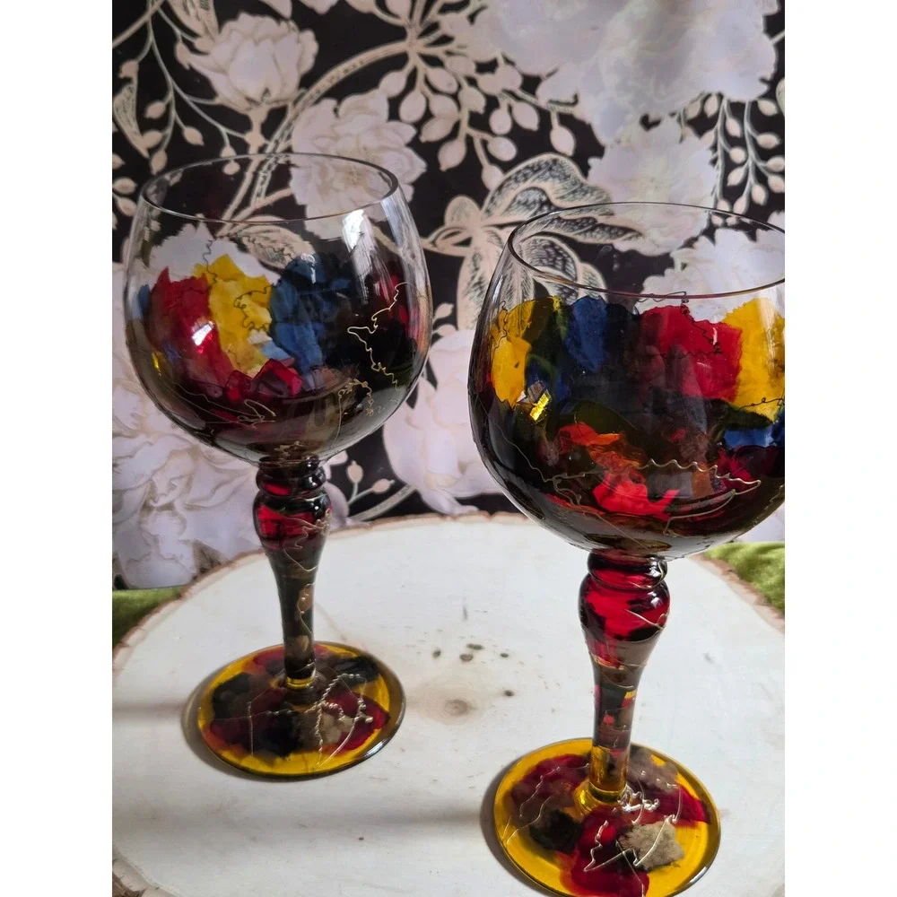 Euroglass‎ Stemware Hand Painted Abstract Wine Glasses Red Blue Yellow Gold Pair